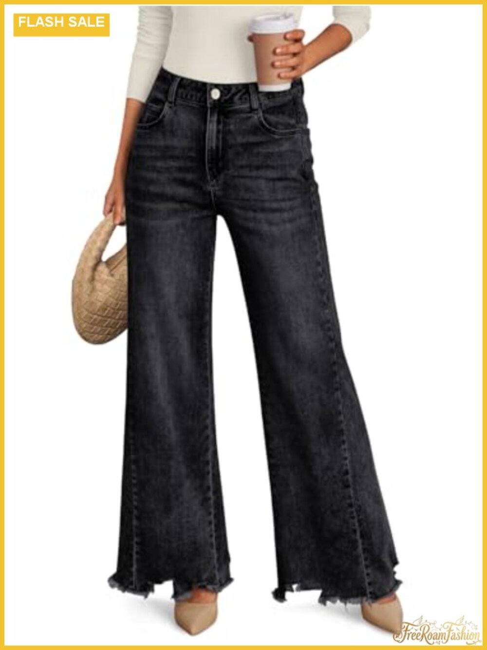 Wide Leg High Waisted Stretch Jeans Raw Hem Baggy Denim Pants